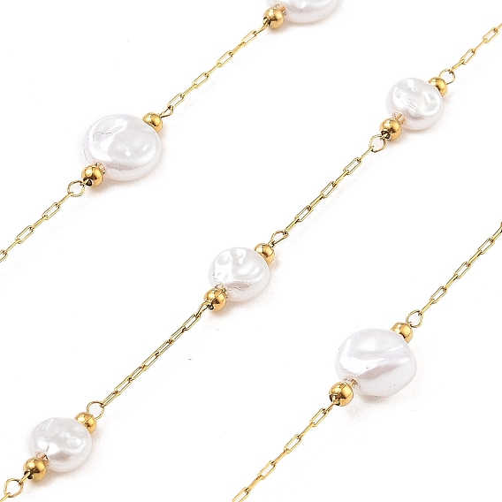 Ионное покрытие (ip) 304 цепи для канцелярских скрепок из нержавеющей стали, пайки, с abs имитационными жемчужными бусинами , плоско-круглые