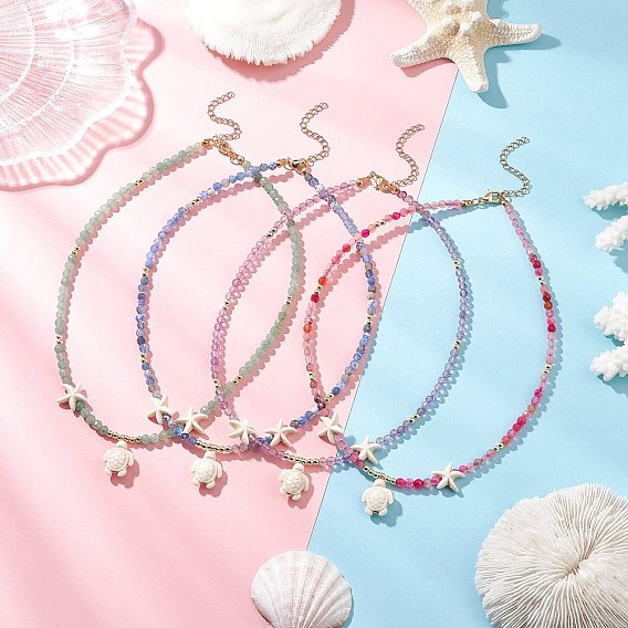 4 шт. 4 цвета лето натуральный зеленый авантюрин и аметист и окрашенный агат ограненные круглые бусины окрашенная синтетическая бирюза морские черепахи кулон ожерелья, золотые