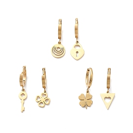 3 Pair 3 Style Clover & Lock & Key & Triangle & Flat Round Asymmetrical Earrings, Ion Plating(IP) 304 Stainless Steel Dangle Hoop Earrings for Women