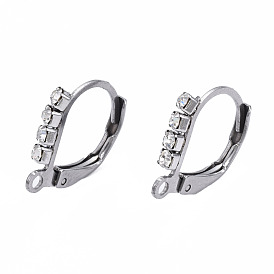 304 Stainless Steel Leverback Earring Findings, with Clear Cubic Zirconia and Horizontal Loop