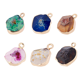 6Pcs 6 Colors Electroplate Natural Agate Pendants, with Brass Findings, Faceted, Dyed, Golden, Nugget