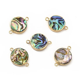 Natural Paua Shell Connector Charms, with Brass Findings, Flat Round