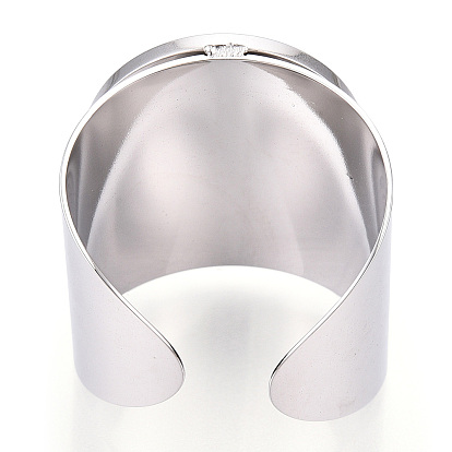 304 Stainless Steel Open Cuff Finger Ring Cabochon Settings, Flat Round