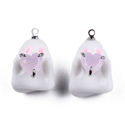 Halloween Opaque Resin Enamel Pendants, with Platinum Plated Brass Loops and Pink Cubic Zirconia, Ghost Charm with Heart