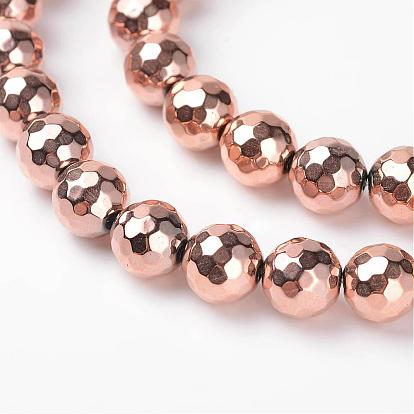 Faceted Round Non-Magnetic Synthetic Hematite Beads Strands, 8mm, Hole: 1mm, about 51pcs/strand, 15.7 inch