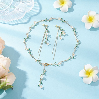 Комплект из латунных подвесных серег-гвоздиков с микропаве из кубических цирконий и цепочек, филиал и цветы