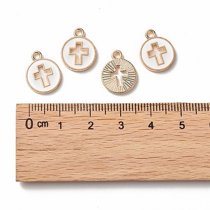 Light Gold Plated Alloy Enamel Pendants, Flat Round with Cross
