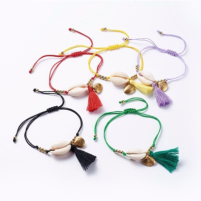 Braided Bracelets, with Cotton Thread Tassel Pendants, Natural Cowrie Shell Beads, 304 Stainless Steel Pendants, Brass Beads and Nylon Thread