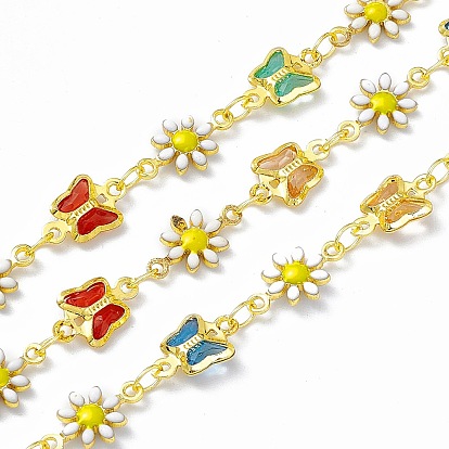 Handmade Glass Butterfly & Enamel Daisy Flower Link Chains, with Real 18K Gold Plated Brass Findings, Soldered, with Spool