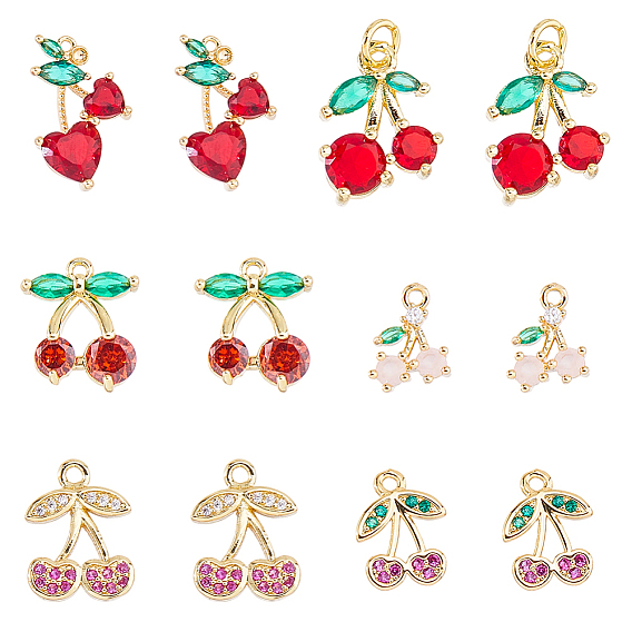 12Pcs 6 Styles Brass Micro Pave Gold Cubic Zirconia Charms
