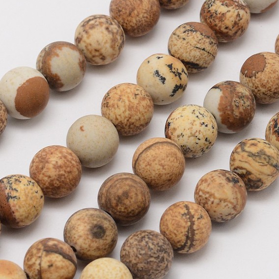 Natural Picture Jasper Beads Strands, Frosted, Round