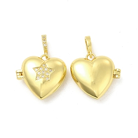 Brass Micro Pave Clear Cubic Zirconia Locket Pendants, Heart with Star Charms