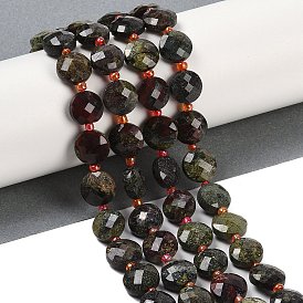 Natural Dragon Blood Beads Strands, Faceted, Flat Round, with Seed Beads