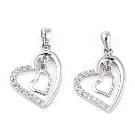 Rhodium Plated 925 Sterling Silver Micro Pave Clear Cubic Zirconia Pendants, Double Heart Charms wit 925 Stamp