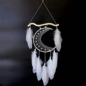 Moon Woven Net/Web with Feather Hanging Ornaments, with Wood Beads for Home Wall Hanging Decor