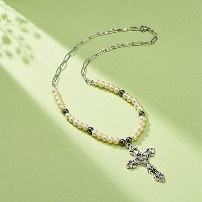 Jesus Cross Alloy Pendant Necklaces for Women Men, Synthetic Hematite & Glass Beaded Necklaces