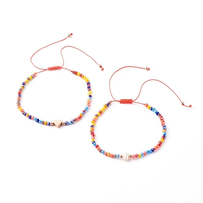 Adjustable Natural Pearl Beads Nylon Thread Braided Bead Bracelets Set, with AB Color Plated Glass Beads, Brass Beads, Heart