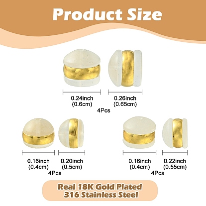 12Pcs 3 Size TPE Plastic Ear Nuts, with Real 18K Gold Plated 316 Surgical Stainless Steel Findings, Belt Earring Backs