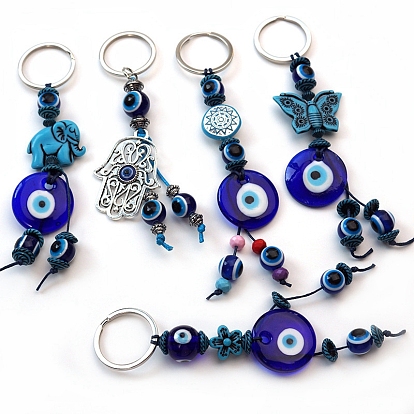 Evil Eye Lampwork Pendant Keychains, with Metal Finding and Resin Beads, for Bag Car Key Decoration