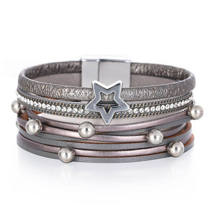 Leather Wide Cuff Bracelet with Magnetic Clasp - Hollow Star Pearl Bangle.