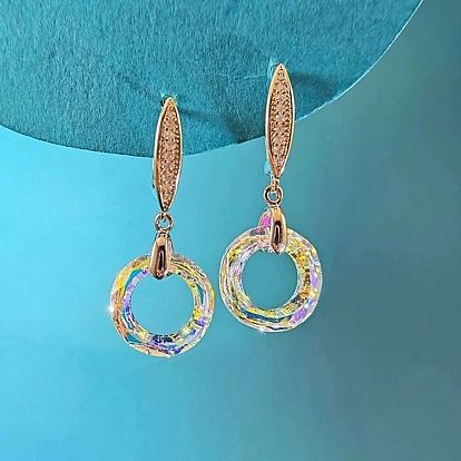 Brass Micro Pave Cubic Zirconia Stud Earrings, Round, Glass Dangle Earrings, Golden