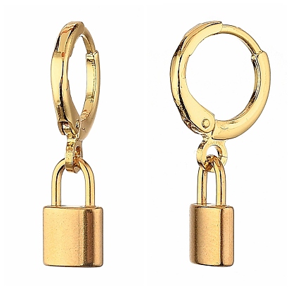 Brass Huggie Hoop Earrings, with 304 Stainless Steel Pendants, Padlock