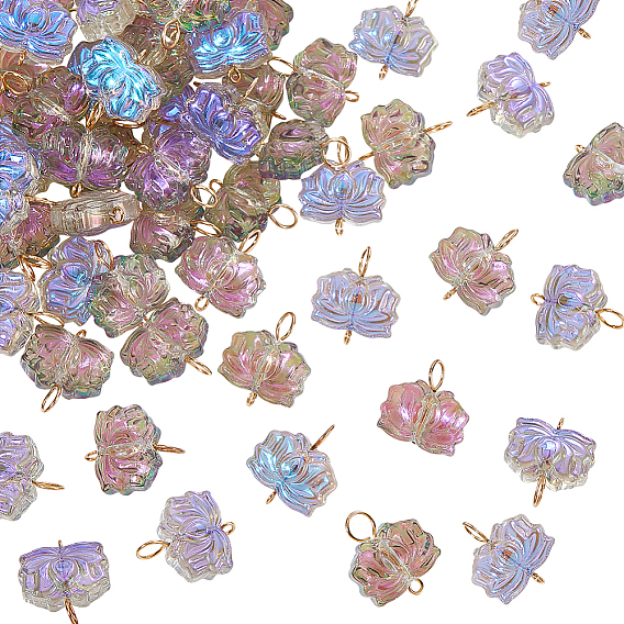 50шт. подвески из гальванического стекла, с двойными петлями из латуни золотистого цвета, цветок лотоса