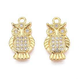 Brass Micro Pave Clear Cubic Zirconia Charms, Owl