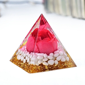 Orgonite Pyramid Resin Display Decorations, with Natural White Jade Chips Inside, for Home Office Desk, Rose