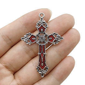 Tibetan Style Alloy Enamel Big Pendants, Cross Charm, Antique Silver