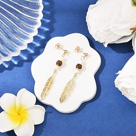 Серьги-подвески из натурального дерева венге с перьями, с фурнитурой латунной для серег