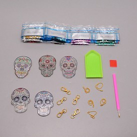 DIY Skull Diamond Painting Keychains Kits, with Diamond Painting Bag, Rhinestones, Pen, Tray Plate and Glue Clay, Iron Swivel Clasps & Ball Chains