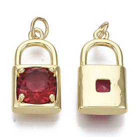 Brass Micro Pave Cubic Zirconia Pendants, with Jump Rings, Nickel Free, Lock, Real 16K Gold Plated
