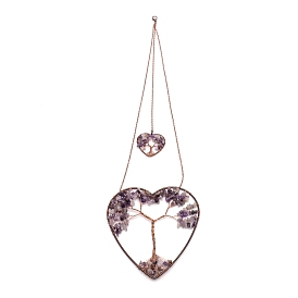 Natural Amethyst Pendant Decoration, with Copper Findings, Heart with Tree of Life