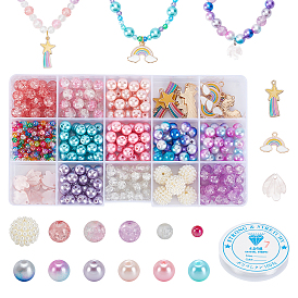 PandaHall Elite DIY Necklace/Bracelets Making Kits, 420Pcs Glass & Acrylic Round Bead, 22Pcs Rainbow & Unicorn & Shooting Star Alloy& Resin Pendants, Elastic Crystal Thread