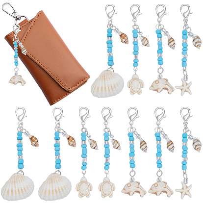 24Pcs 4 Styles Shell Pendant Decorations, with Glass Beads, Synthetic Turquoise Beads and Zinc Alloy Lobster Claw Clasps
