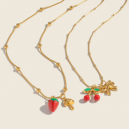 304 Милые ожерелья с подвесками в виде красных фруктов из нержавеющей стали с эмалью для женщин, реальный 18 k позолоченный