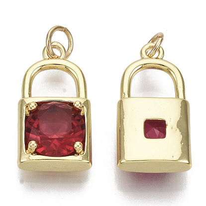 Brass Micro Pave Cubic Zirconia Pendants, with Jump Rings, Nickel Free, Lock, Real 16K Gold Plated