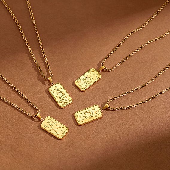 304 Stainless Steel Tarot Card Pendant Necklaces, Real 18K Gold Plated