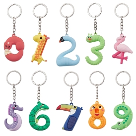10Pcs 10 Styles Cartoon PVC Plastic Animal Pattern Number Pendant Keychain, with Iron Split Key Rings