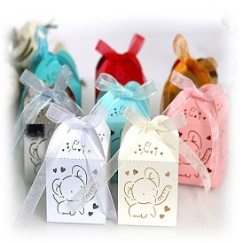 Boîte-cadeau en papier créatif pliable rectangle, bonbonnière motif éléphant avec ruban, coffret cadeau décoratif pour mariage