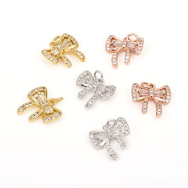 Brass Micro Pave Cubic Zirconia Charms, with Jump Rings, Bowknot, Clear