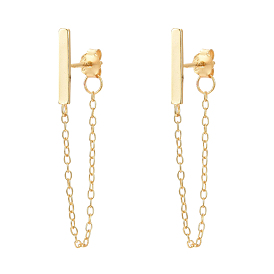 925 Sterling Silver Stud Earrings, with S925 Stamp, with Cable Chains, Rectangle
