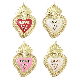 Rack Plating Brass Enamel Pendants, with Jump Ring, Long-Lasting Plated, Cadmium Free & Lead Free, Real 18K Gold Plated, Sacred Heart with Word Love Charm