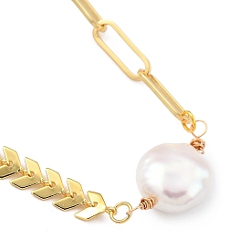 Natural Baroque Pearl Keshi Pearl Pendant Necklaces, with Brass Cobs Chains & Paperclip Chains, Flat Round