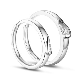 SHEGRACE Adjustable 925 Sterling Silver Heart Couple Rings, with AAA Cubic Zirconia, 17mm and 20mm