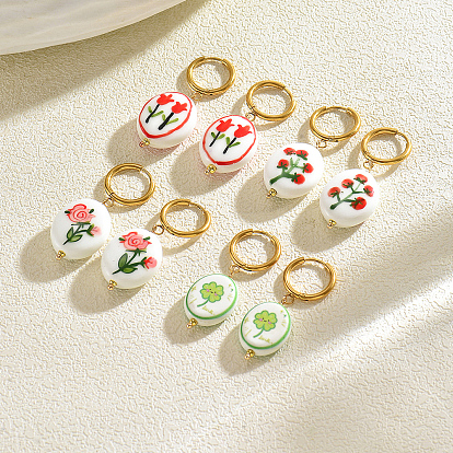 Hand Painted 201 Stainless Steel Hoop Earrings, Handmade Procelain Oval with Flower/Clover Pattern Dangle Earrings for Women, Gloden
