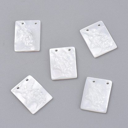 Natural White Shell Mother of Pearl Shell Pendants, Rectangle with Angel