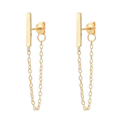 925 Sterling Silver Stud Earrings, with S925 Stamp, with Cable Chains, Rectangle
