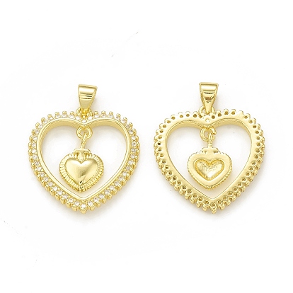 Rack Plating Brass Micro Pave Clear Cubic Zirconia Pendants, Cadmium Free & Lead Free, Long-Lasting Plated, Double Heart Charm